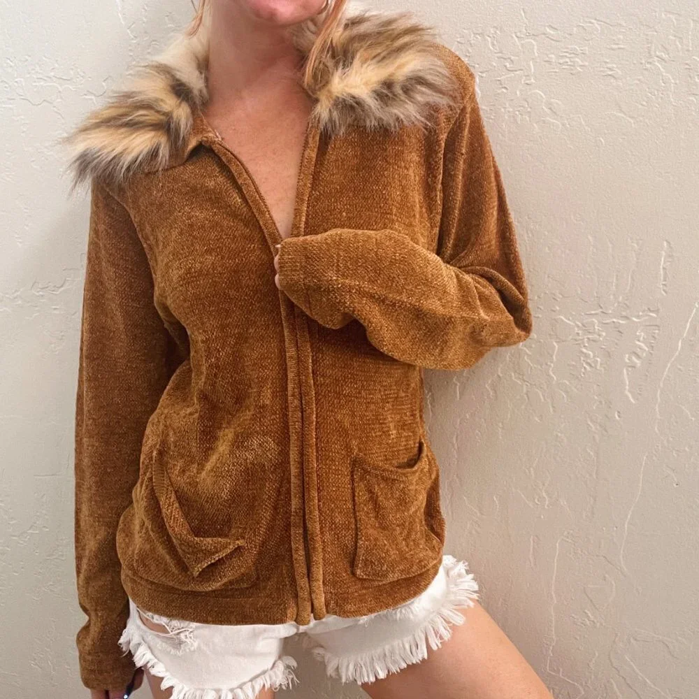 Vintage 1990's Tan Chenille Knit Fur Collar Zip Up Sweater - Picture 5 of 7